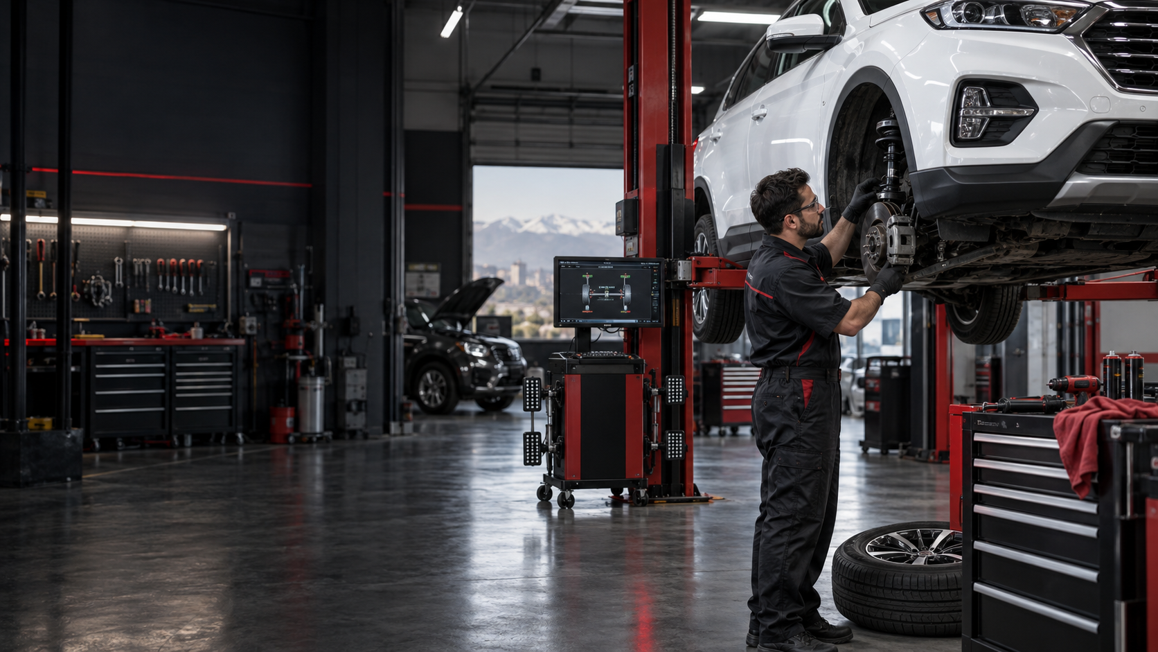 Mecánico revisando la suspensión de un vehículo en un taller automotriz
